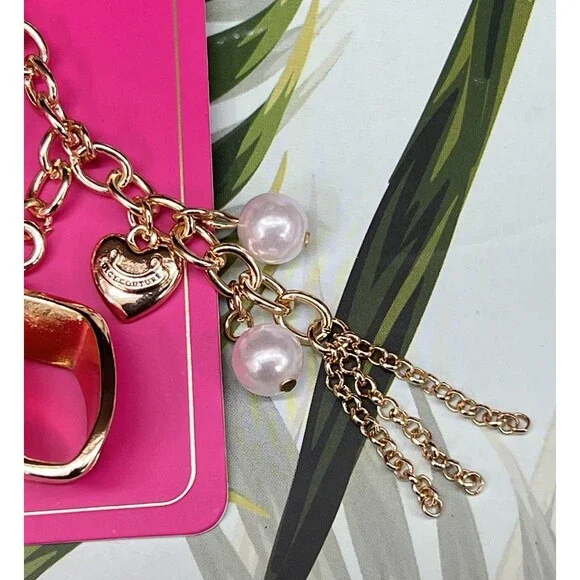 RARE Juicy Couture BOW Keychain Bag Charm Hot Pink Enameled Heart Pearl BLING